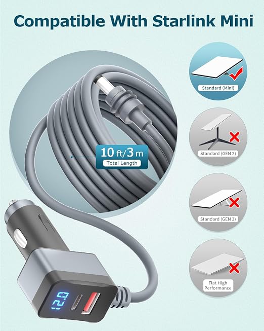 3 in 1 Starlink Mini Cable 12V Adapter 10FT Car Charger - Image 3