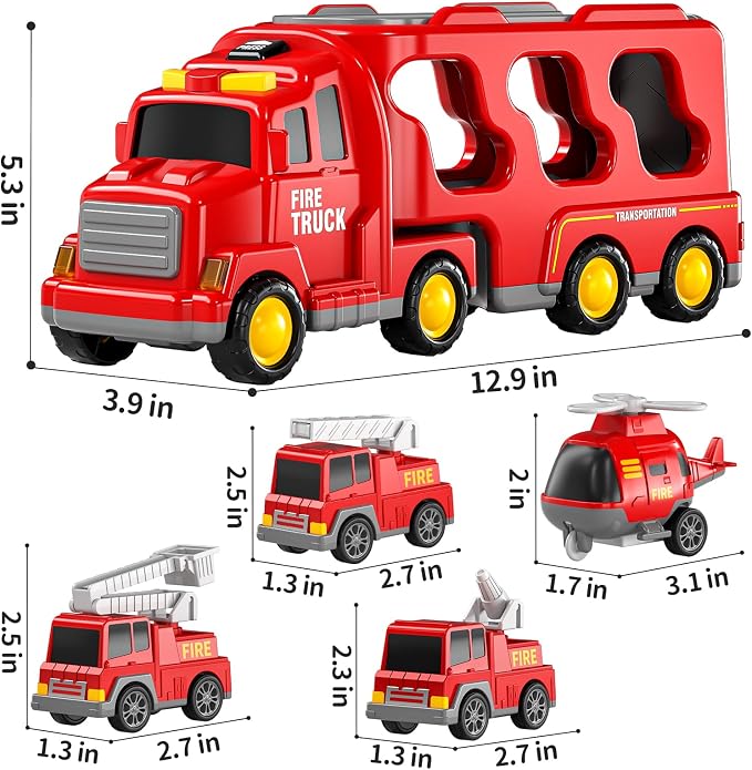 TEMI Fire Toys for 3 4 5 6 Years Old Boys Girls - 5 in 1 Carrier Truck - Image 2