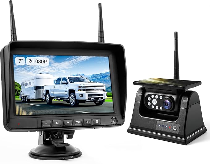 7" Magnetic Solar Wireless Backup Camera, HD 1080P 7" DVR Monitor, RV Camera by WOOCARTY