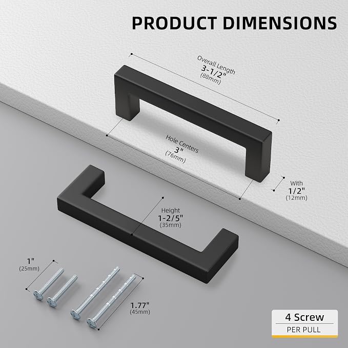 goldenwarm 3 Inch 200 Pack Matte Black Flat Square Bar Kitchen Hardware Closet - Image 2