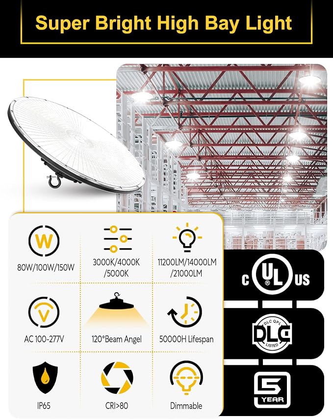 UFO LED High Bay Light, 150W/100W/80W Adjustable, 3000K/4000K/5000K Adjustable - Image 4