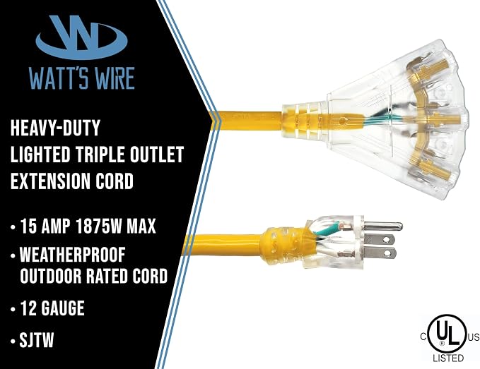 6 ft - 12 Gauge Heavy Duty Extension Cord - 3 Outlet Lighted SJTW - - Image 2
