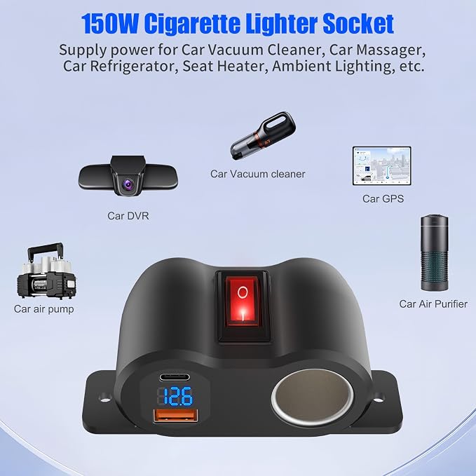 2-in-1 Surface Mount 12V USB Outlet Cigarette Lighter Socket, PD 30W and QC18W - Image 3