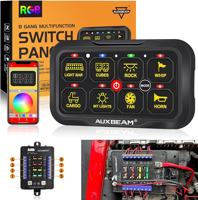 Auxbeam RGB Bluetooth 8 Gang Switch Panel AR-820 Toggle Momentary Pulsed Switch by Auxbeam