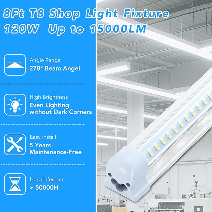 10 Pack 8FT T8 LED Shop Lights, 120W Integrated Tube Light, 19200LM 6000-6500K - Image 2