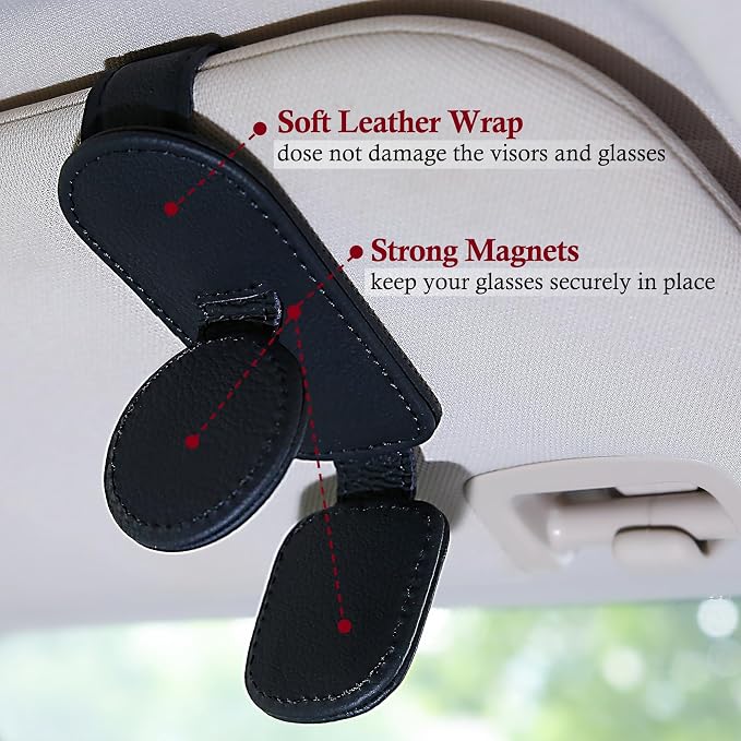KIWEN 2 Pack Sunglasses Holder for Car Visor, Magnetic Leather Sunglass - Image 4
