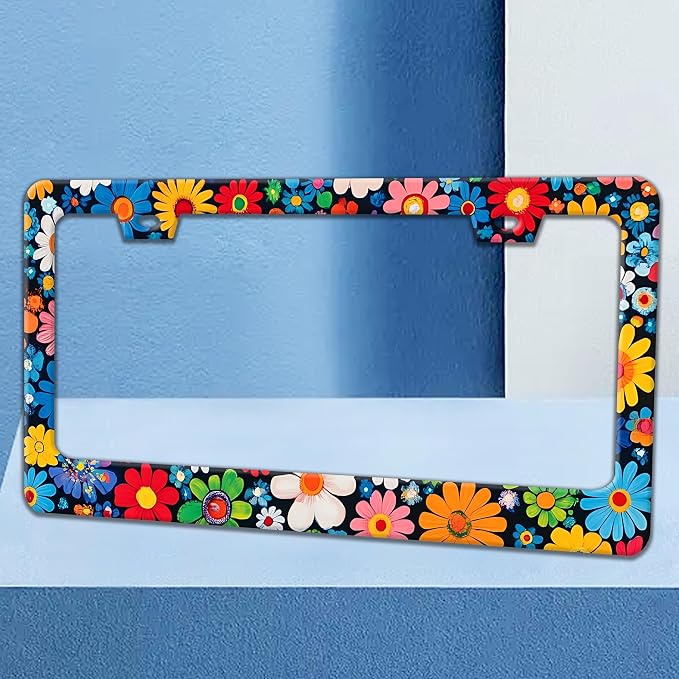 Colorful Flowers Print License Plate Frame Beautiful Floral License Plate - Image 2