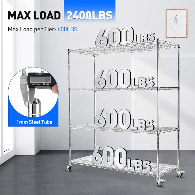 Rengue Wire Shelving with Wheels, 4-Tier Heavy Duty Garage Storage Shelves - Image 5