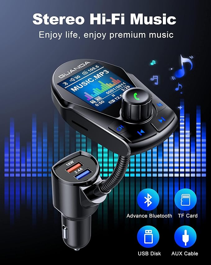 Bluetooth FM Transmitter in-Car Wireless Radio Adapter Kit W 1.8" Color Display - Image 2