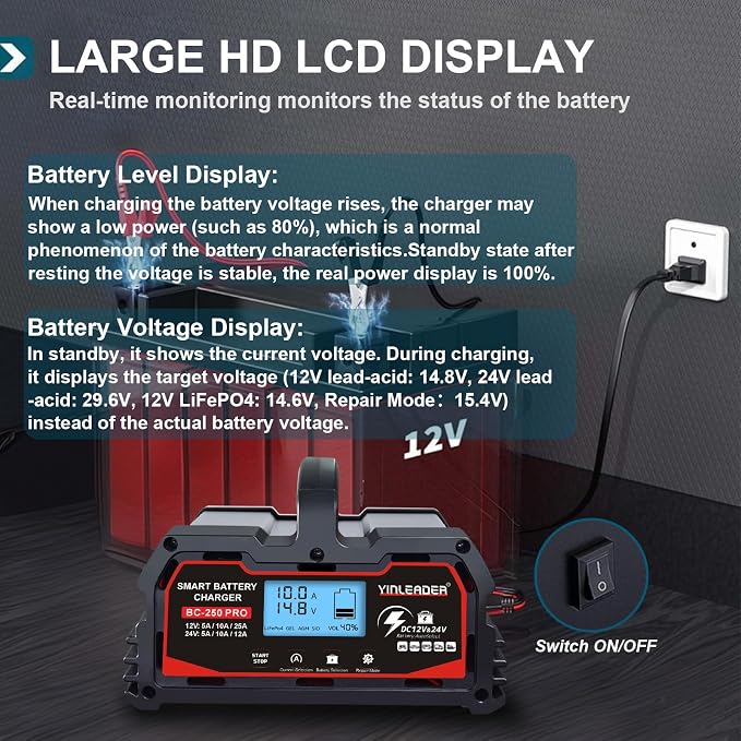 Battery Charger 25A, 12V/24V Lead Acid Smart Battery Charger, 12V LiFePO4 Car - Image 6