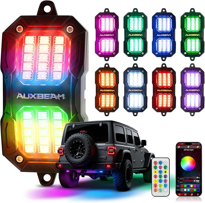 Auxbeam 8 Pods RGB LED Rock Lights w/Brake Mode, Dynamic Color Changing Wheel by Auxbeam