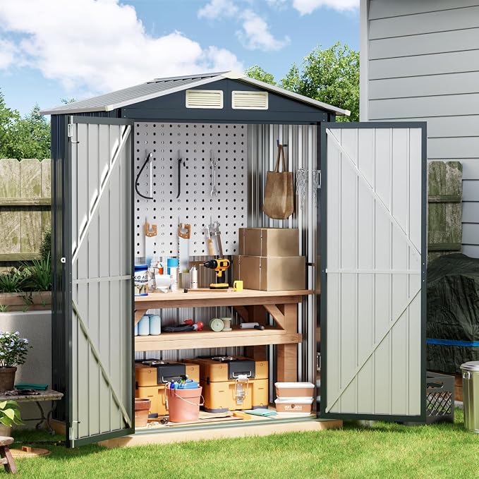 Breezz 5x3FT Vertical Outdoor Steel Storage Shed, Lockable Doors, Compact Metal by BreezZ