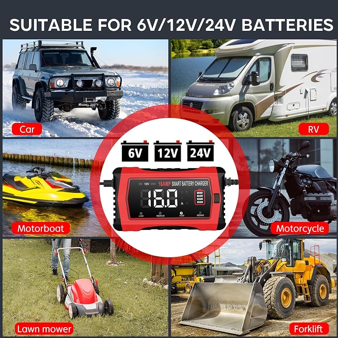 16 Amp Battery Charger, Car Battery Charger 6V 12V 24V Lithium, Battery - Image 4