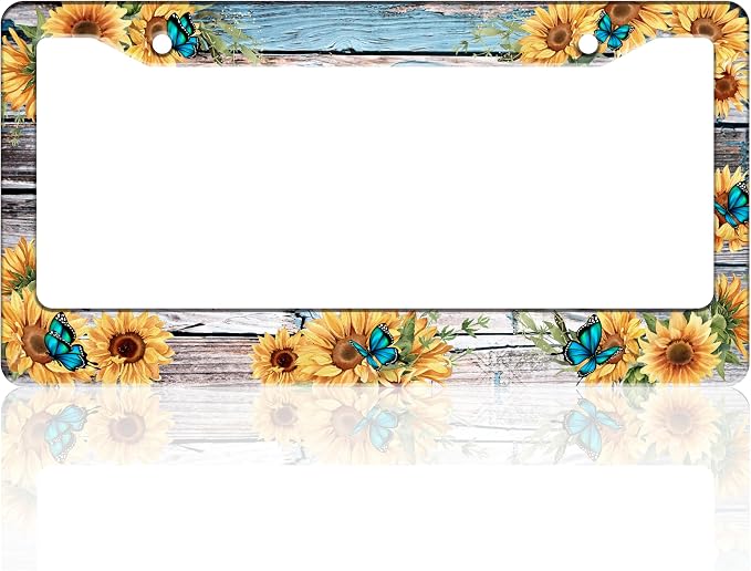 Blue Butterfly Sunflower License Plate Frame Wooden Board Flowers Animals by TINALUIN