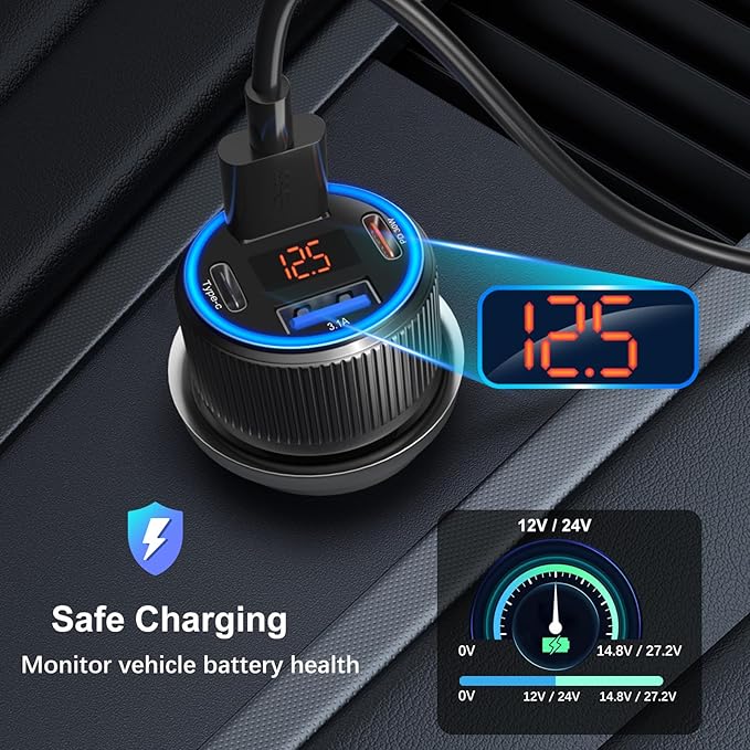 USB C Car Charger, Costyle 65W Dual USB-C & USB-A Multi Port Cigarette Lighter - Image 4