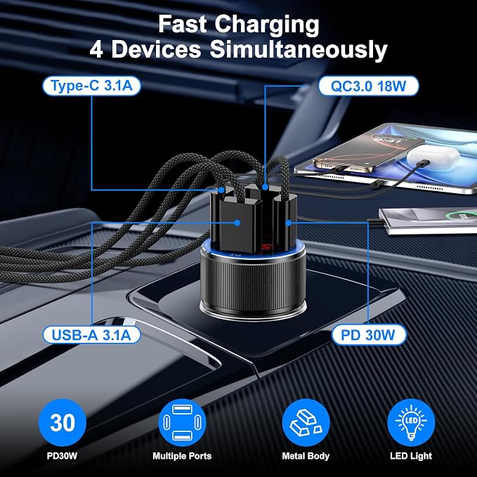 Car Phone Charger, Besgoods USB C Car Charger Adapter 4 Ports - Image 2