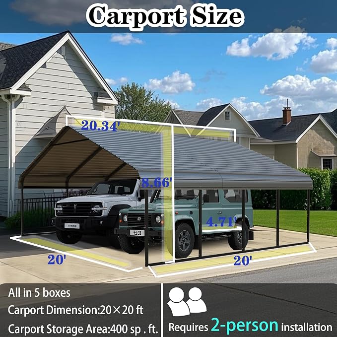 Heavy Duty Metal Carport 20x20 ft Galvanized Steel Carport Shelter - Image 2