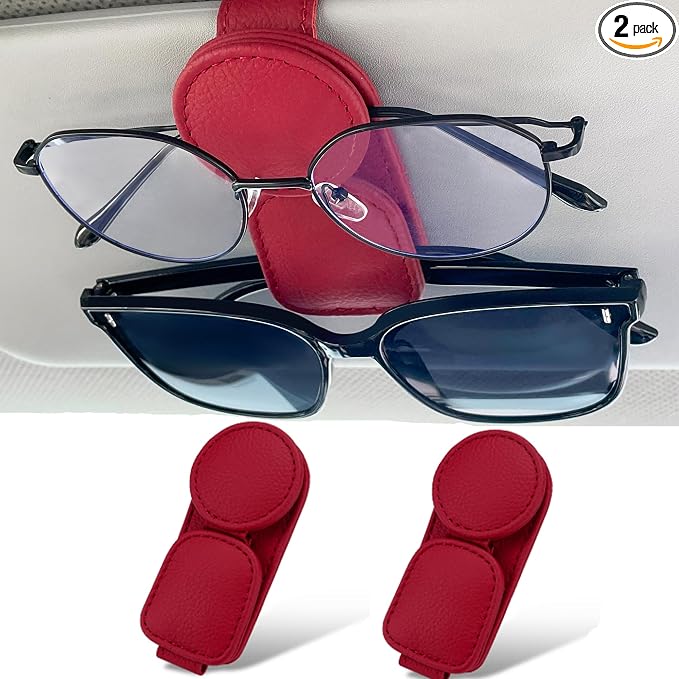 KIWEN 2 Pack Sunglasses Holder for Car Visor, Magnetic Leather Sunglass by KIWENDirect