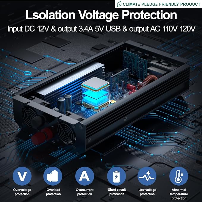3000W Power Inverter, Peak Power 6000W 12V DC to AC 110V120V, Remote Control - Image 4