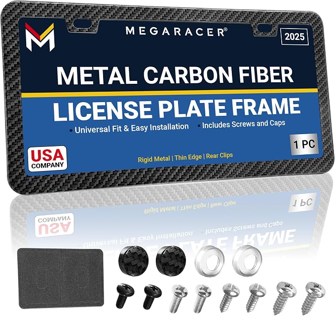 Premium Slim Carbon Fiber Design License Plate Frame – 1 Pack, Rust-Free by MegaRacer