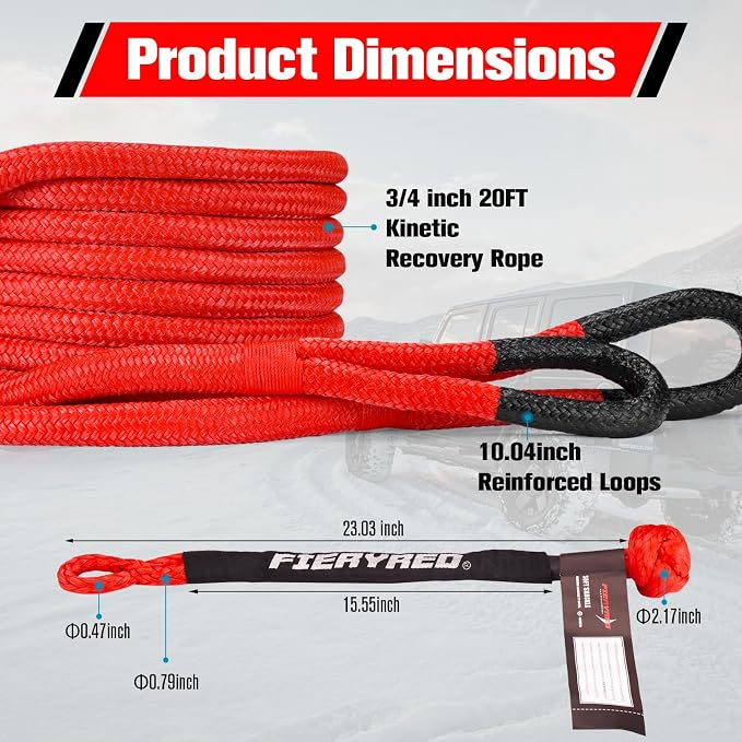FieryRed 3/4” x 20FT Kinetic Recovery Rope Kit - Image 2