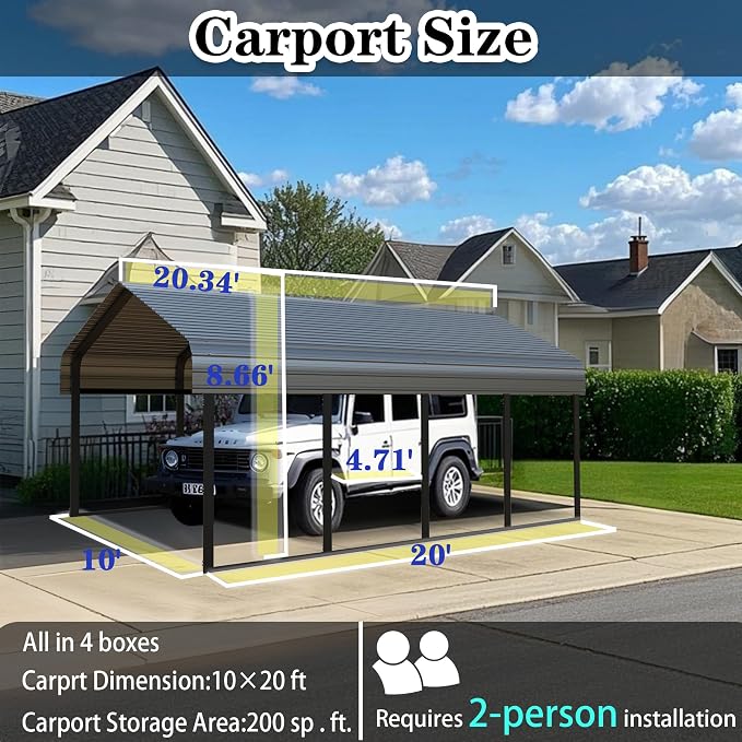 Heavy Duty Metal Carport 20x20 ft Galvanized Steel Carport Shelter - Image 2