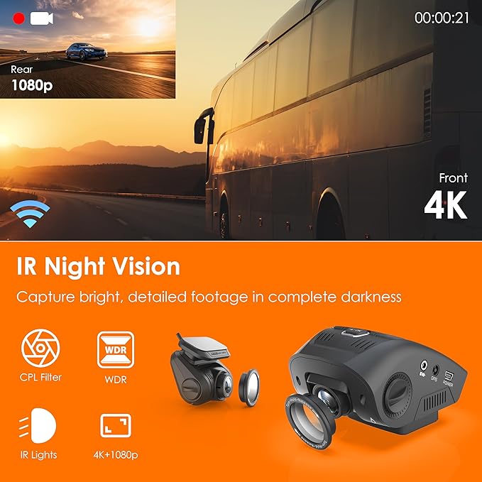 V1P SE 4K Dual Dash Cam w/GPS, Wi-Fi & 2pcs-CPL Filter | 512GB Support | Front - Image 3