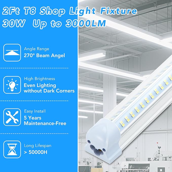 4 Pack 2FT T8 LED Shop Lights, 30W Integrated Tube Light, 4800LM 6000-6500K - Image 2