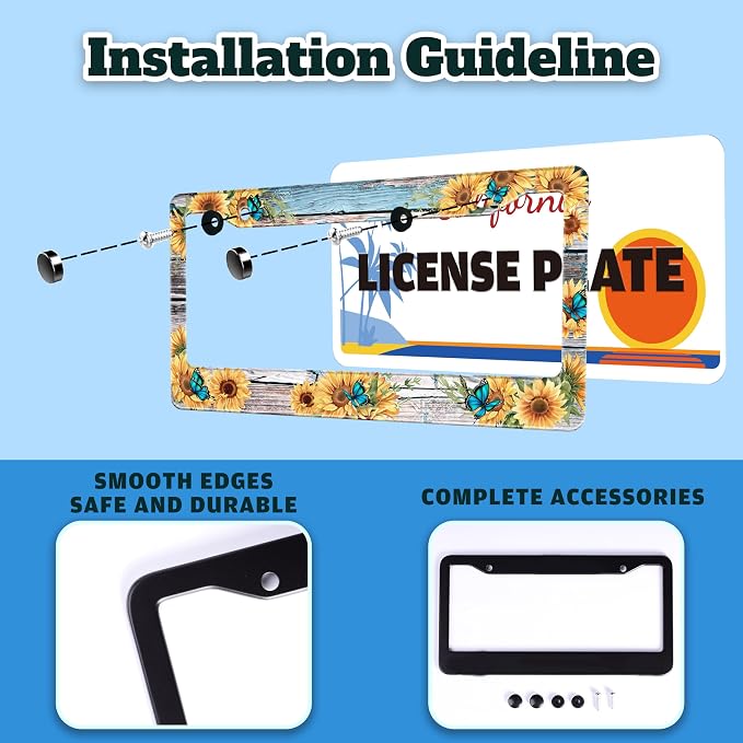 Blue Butterfly Sunflower License Plate Frame Wooden Board Flowers Animals - Image 4