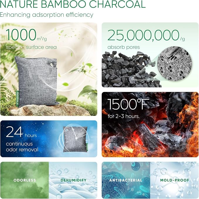 Activated Charcoal Odor Absorber, 8 Pack w Hooks Nature Odor Eliminator - Image 3