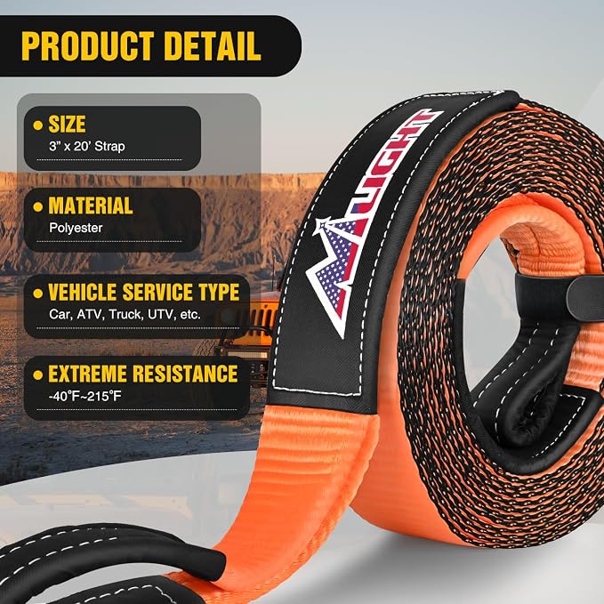 Nilight 3" x 20' Recovery Tow Strap Lab Tested 31, 500lbs Break Strength Heavy - Image 2