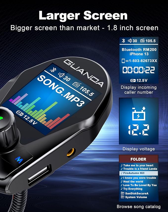 Bluetooth FM Transmitter in-Car Wireless Radio Adapter Kit W 1.8" Color Display - Image 4