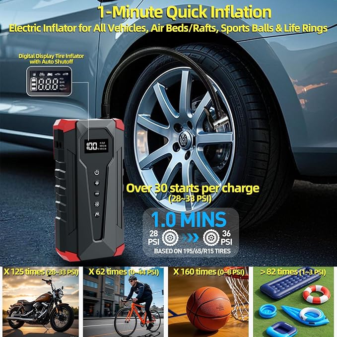 10800mAh Car Jump Starter with Air Compressor and USB/Type-C Charger, - Image 4