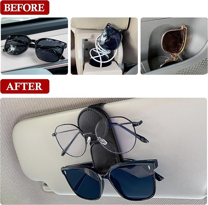 KIWEN 2 Pack Sunglasses Holder for Car Visor, Magnetic Leather Sunglass - Image 2
