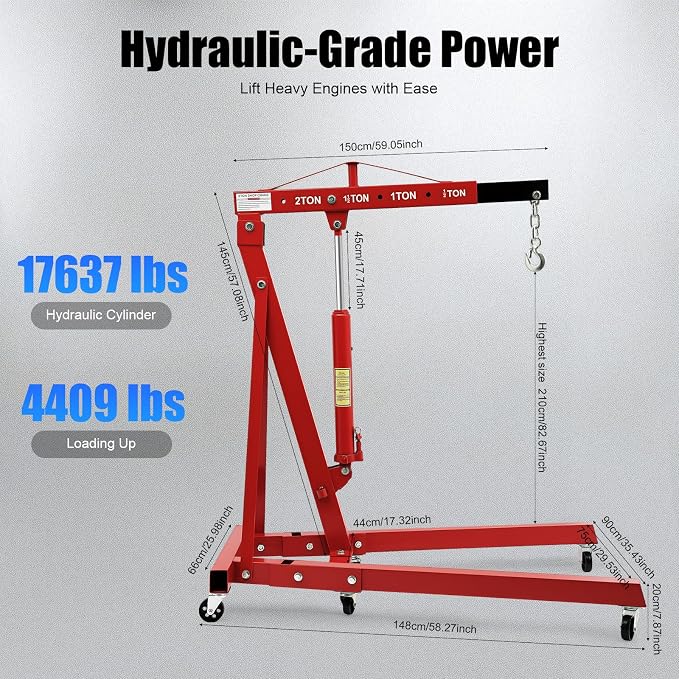 2 Ton Engine Hoist, Folding Hydraulic Engine Crane Red, Heavy Duty Cherry - Image 2