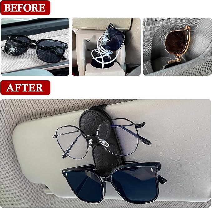 KIWEN Sunglasses Holder for Car Visor, Magnetic Leather Sunglass Eyeglass - Image 2