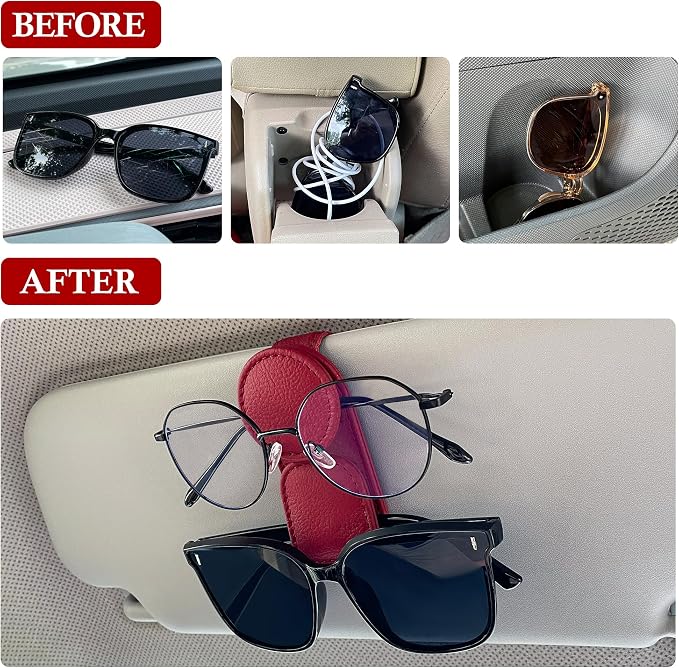 KIWEN Sunglasses Holder for Car Visor, Magnetic Leather Sunglass Eyeglass - Image 2