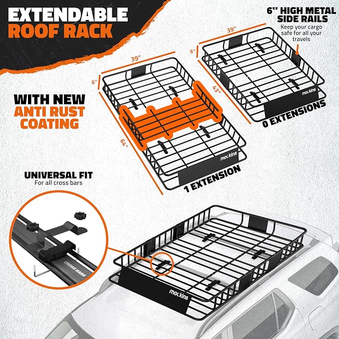 Mockins 64"x39"x6" Extendable Heavy Duty Roof Rack Basket w/ 16 CuFt Waterproof - Image 4